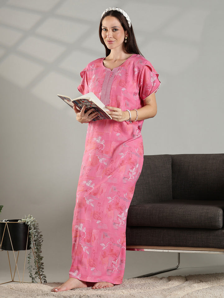 Soft pink floral alpine A-line nighty for women featuring a relaxed fit.