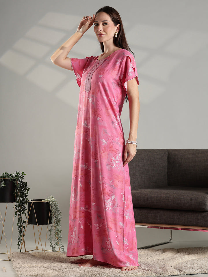 Soft pink floral alpine A-line nighty for women featuring a relaxed fit.