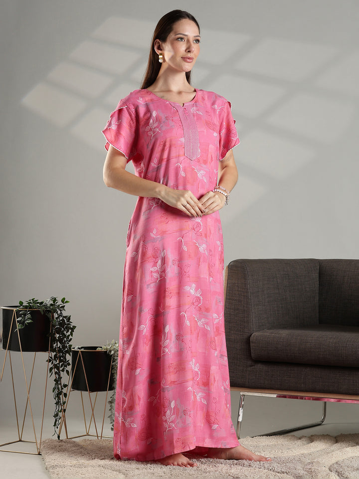 Soft pink floral alpine A-line nighty for women featuring a relaxed fit.