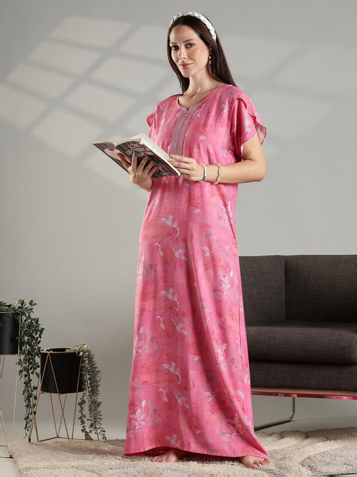 Soft pink floral alpine A-line nighty for women featuring a relaxed fit.