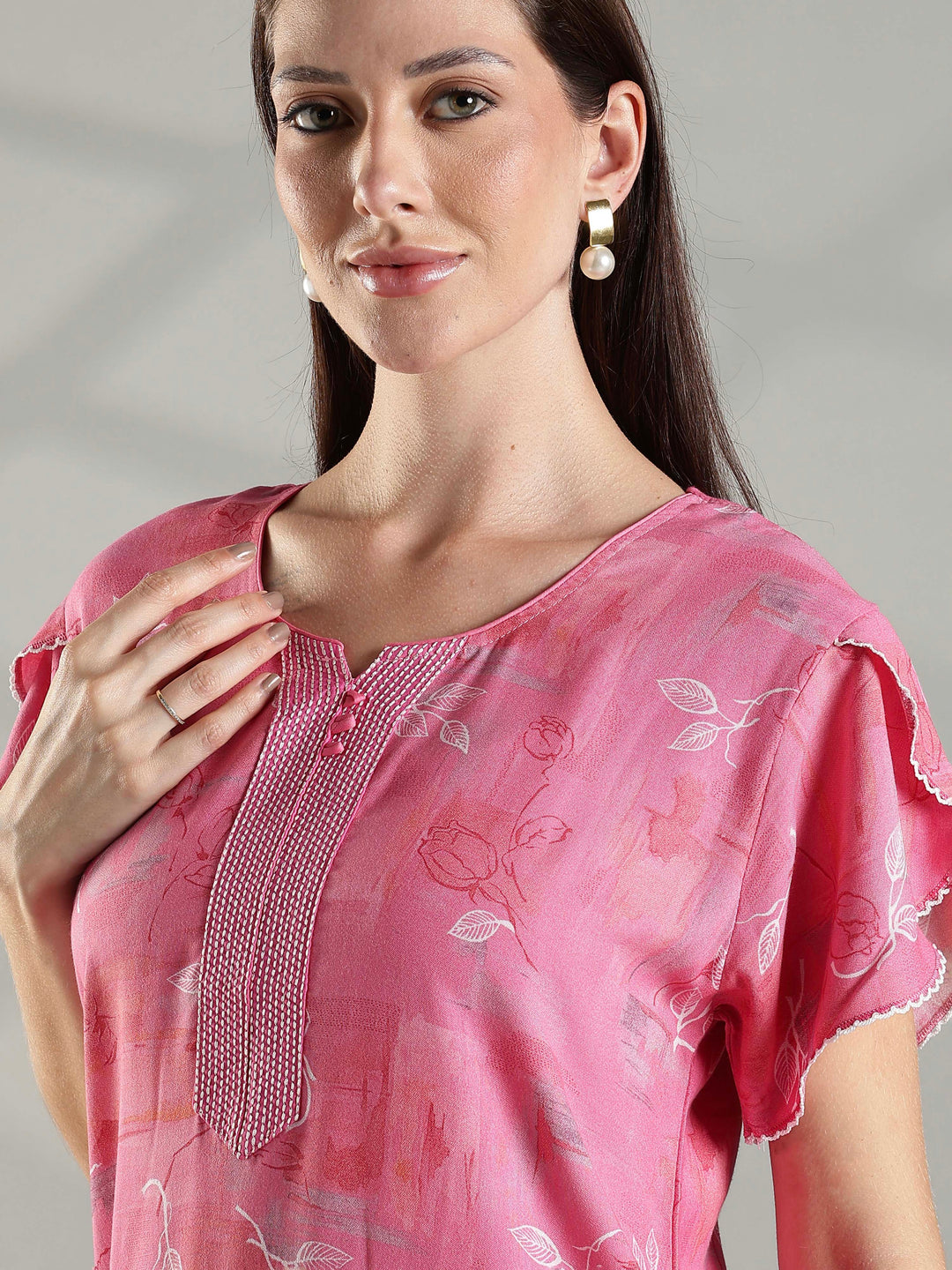 Soft pink floral alpine A-line nighty for women featuring a relaxed fit.