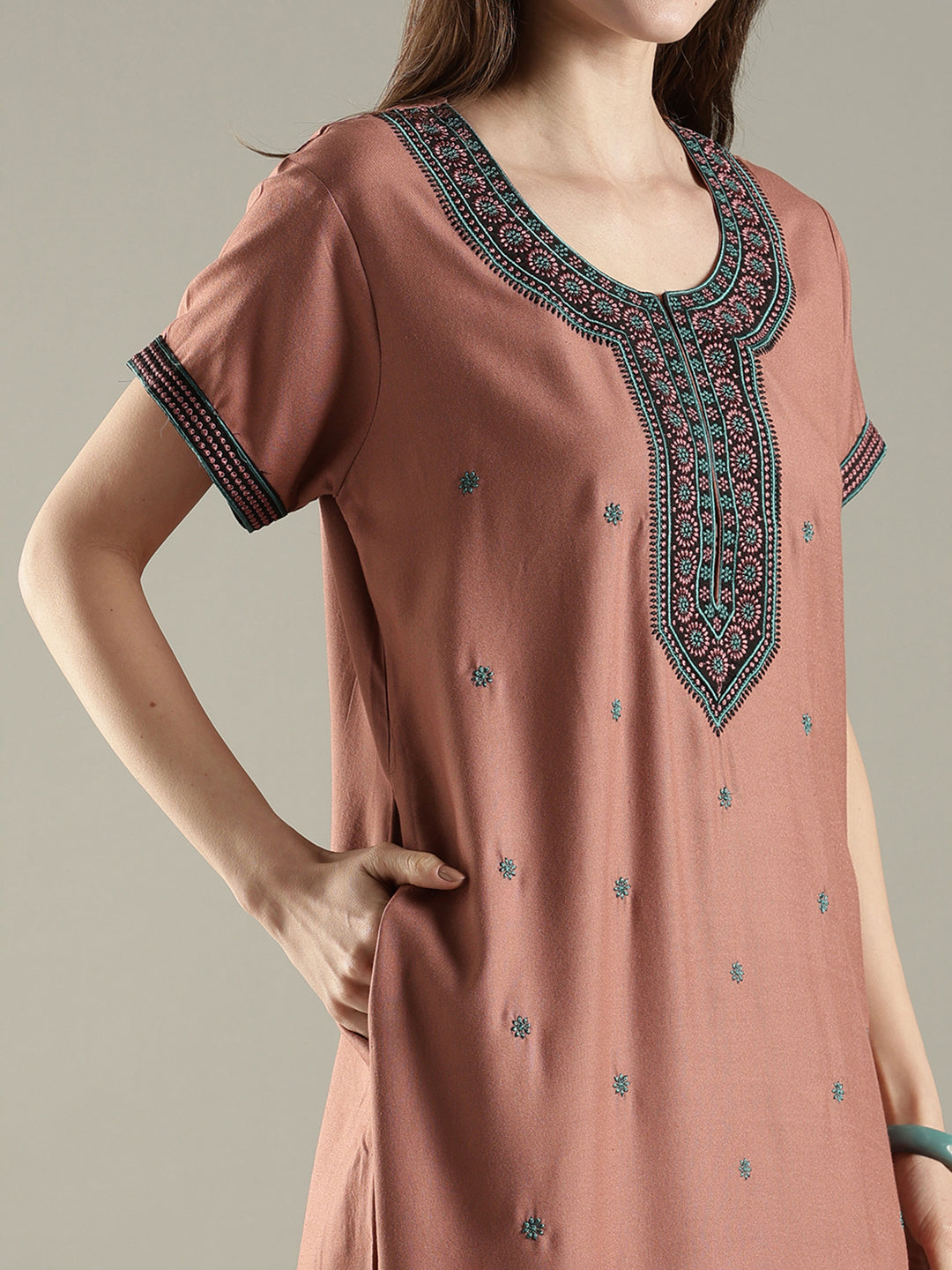 Rose brown alpine ethnic embroidered nighty for women