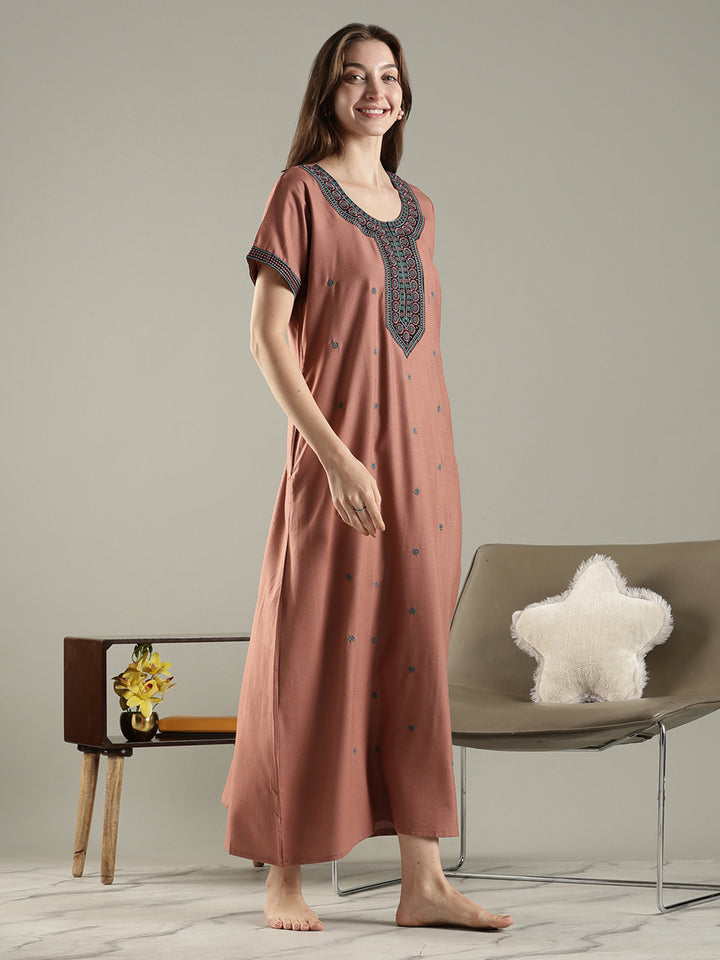 Rose brown alpine ethnic embroidered nighty for women