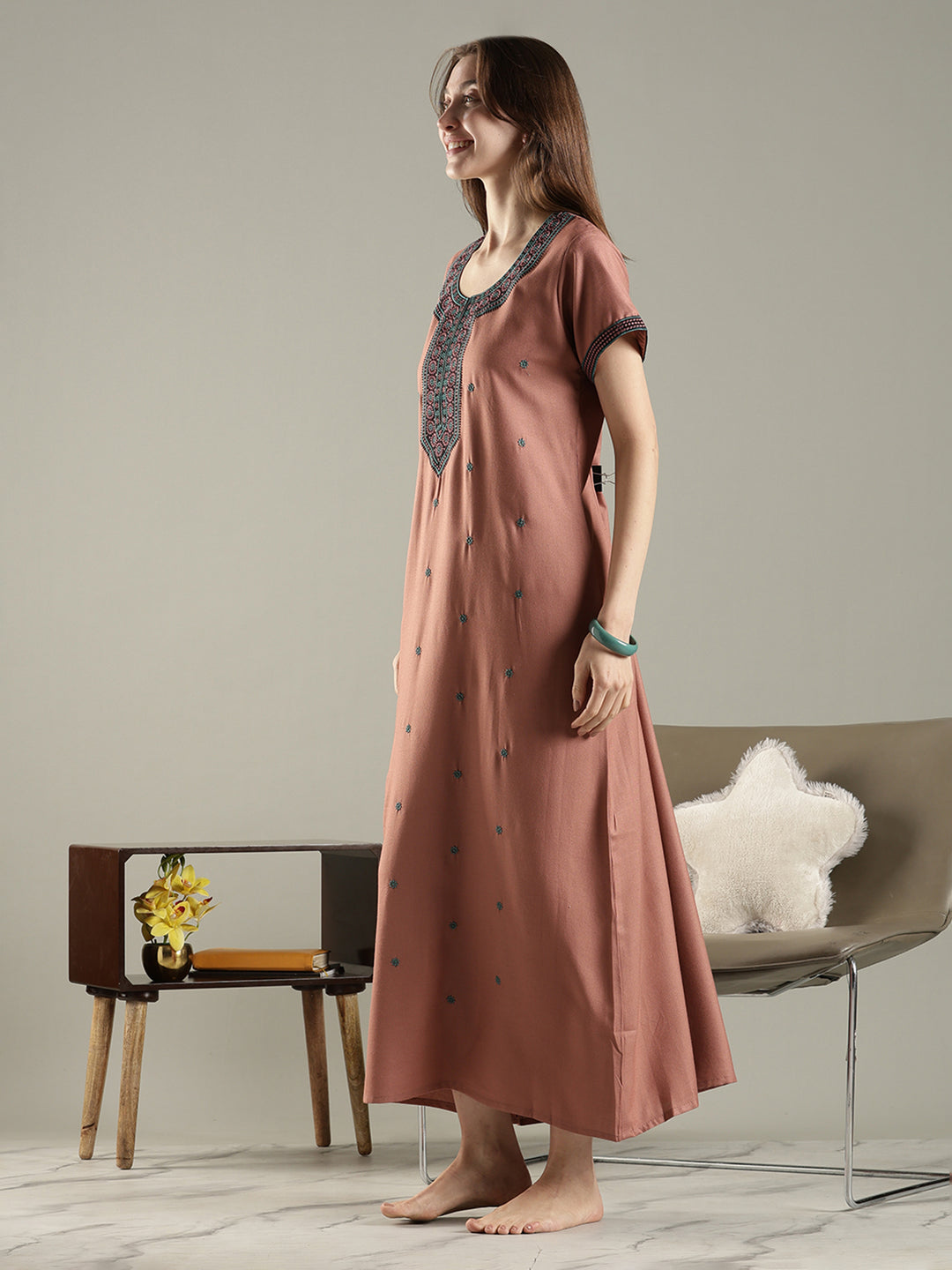 Rose brown alpine ethnic embroidered nighty for women