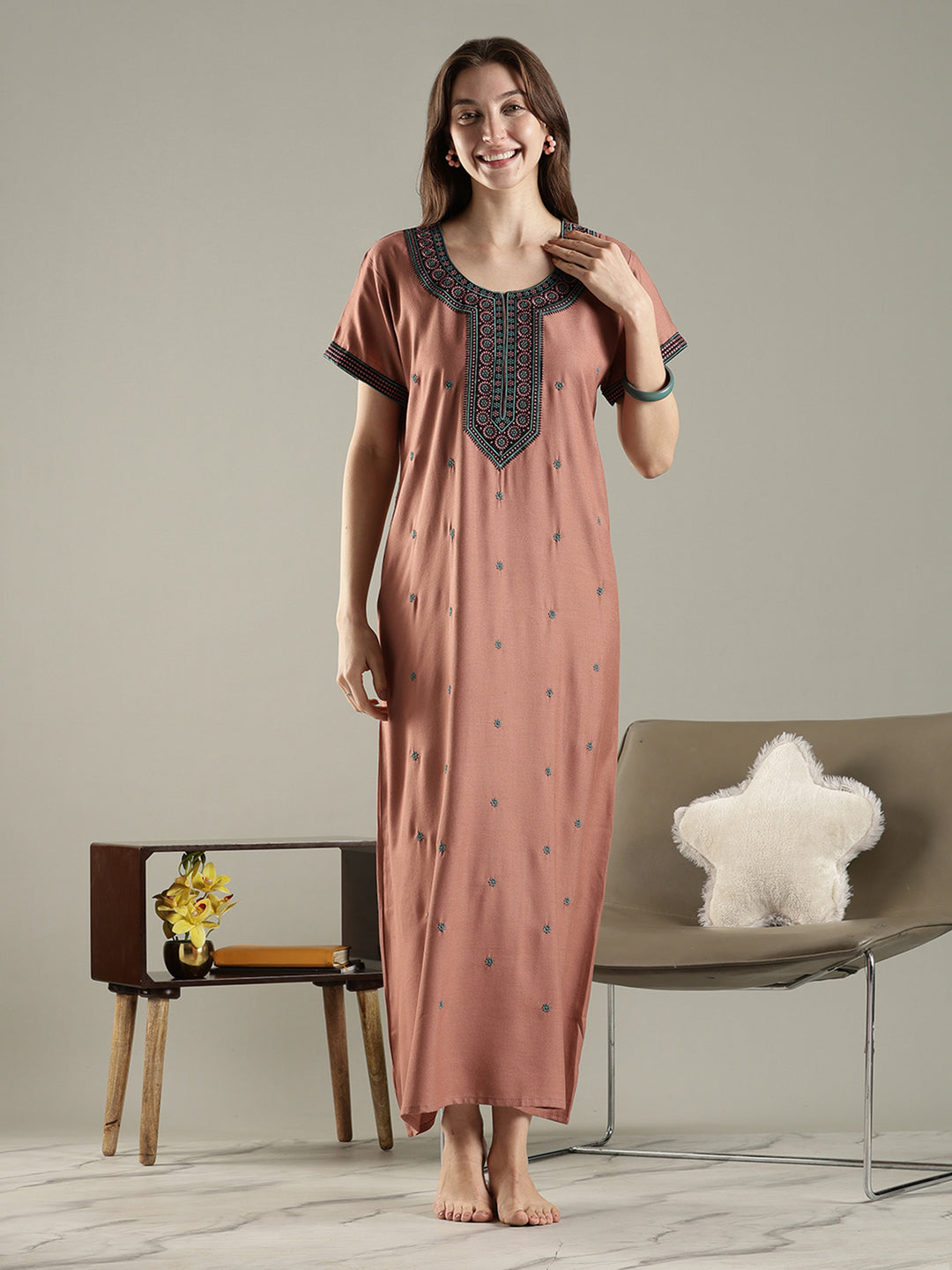 Rose brown alpine ethnic embroidered nighty for women