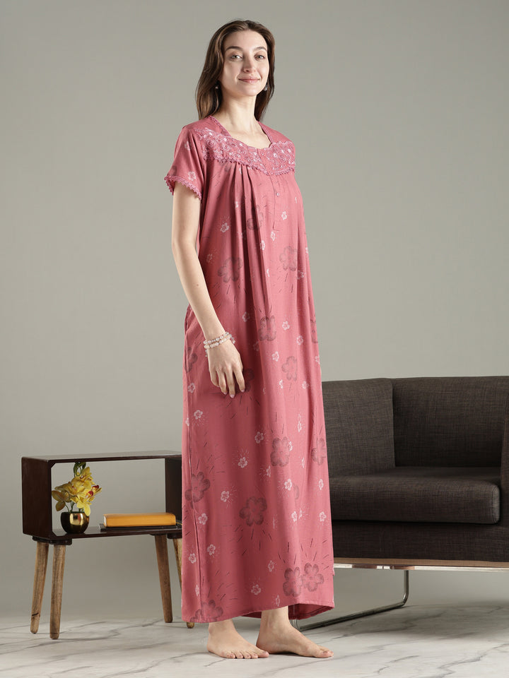 Rose pink pleated alpine floral premium nighty for women