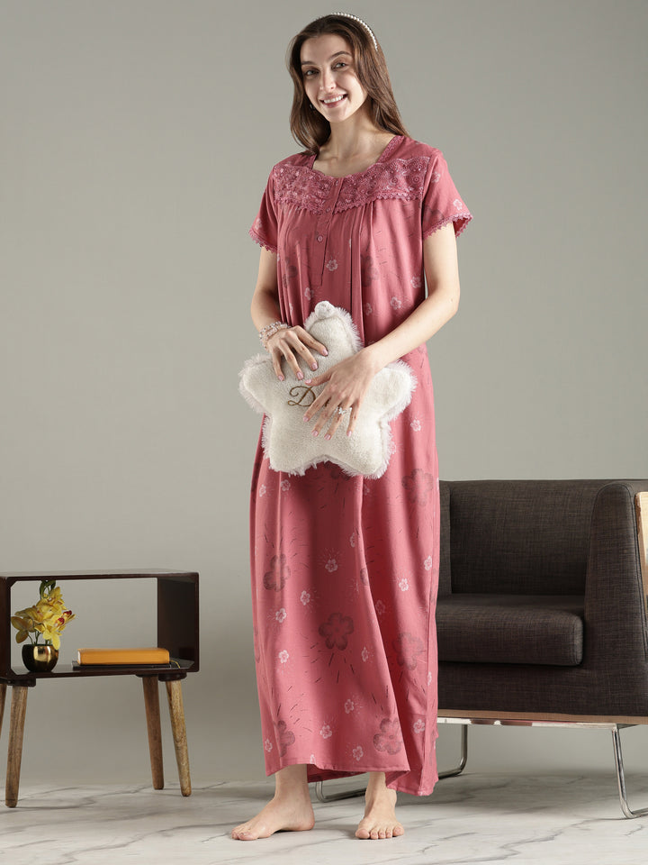 Rose pink pleated alpine floral premium nighty for women