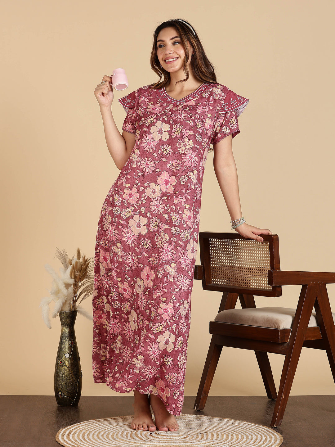 Elegant Rose Pink Designer Alpine Nighty For Women