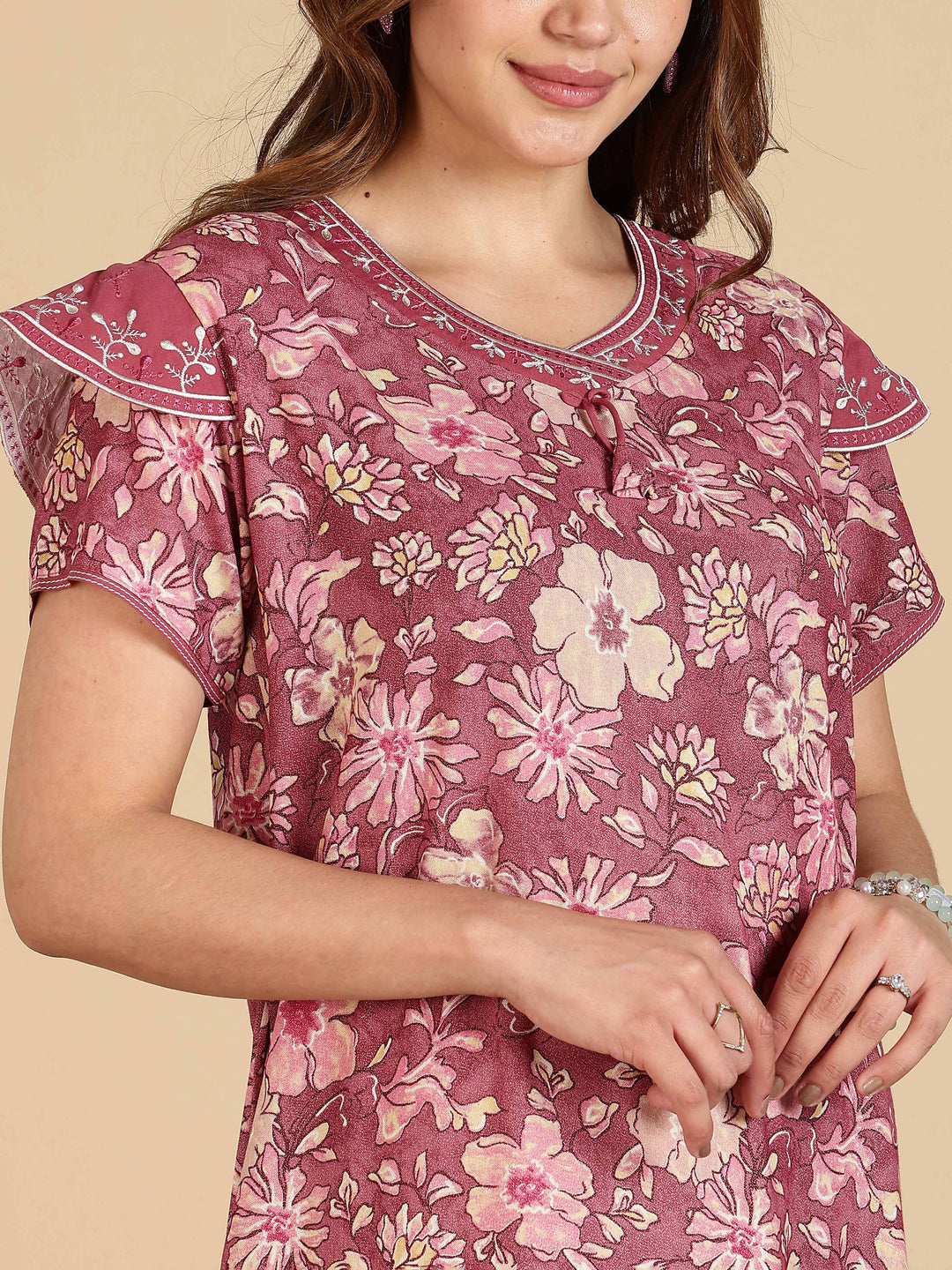 Elegant Rose Pink Designer Alpine Nighty For Women