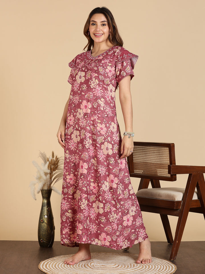 Elegant Rose Pink Designer Alpine Nighty For Women