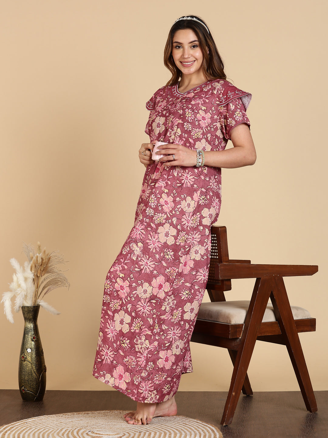 Elegant Rose Pink Designer Alpine Nighty For Women