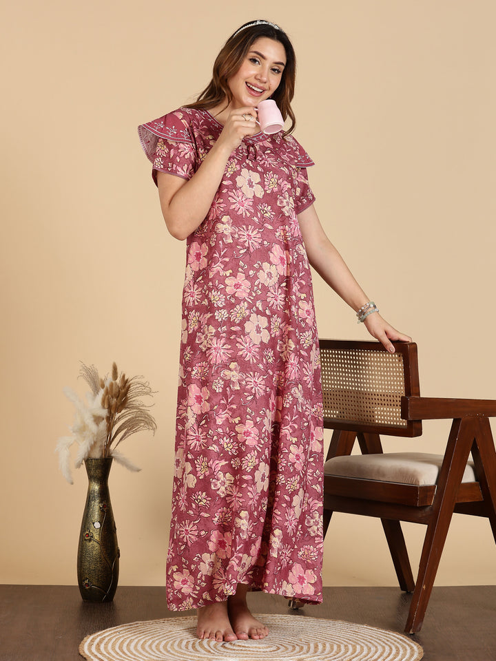 Elegant Rose Pink Designer Alpine Nighty For Women