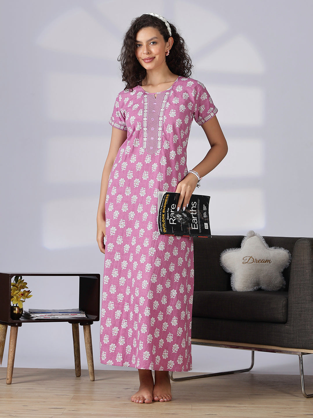 Rose pink trendy pure cotton nightwear for women