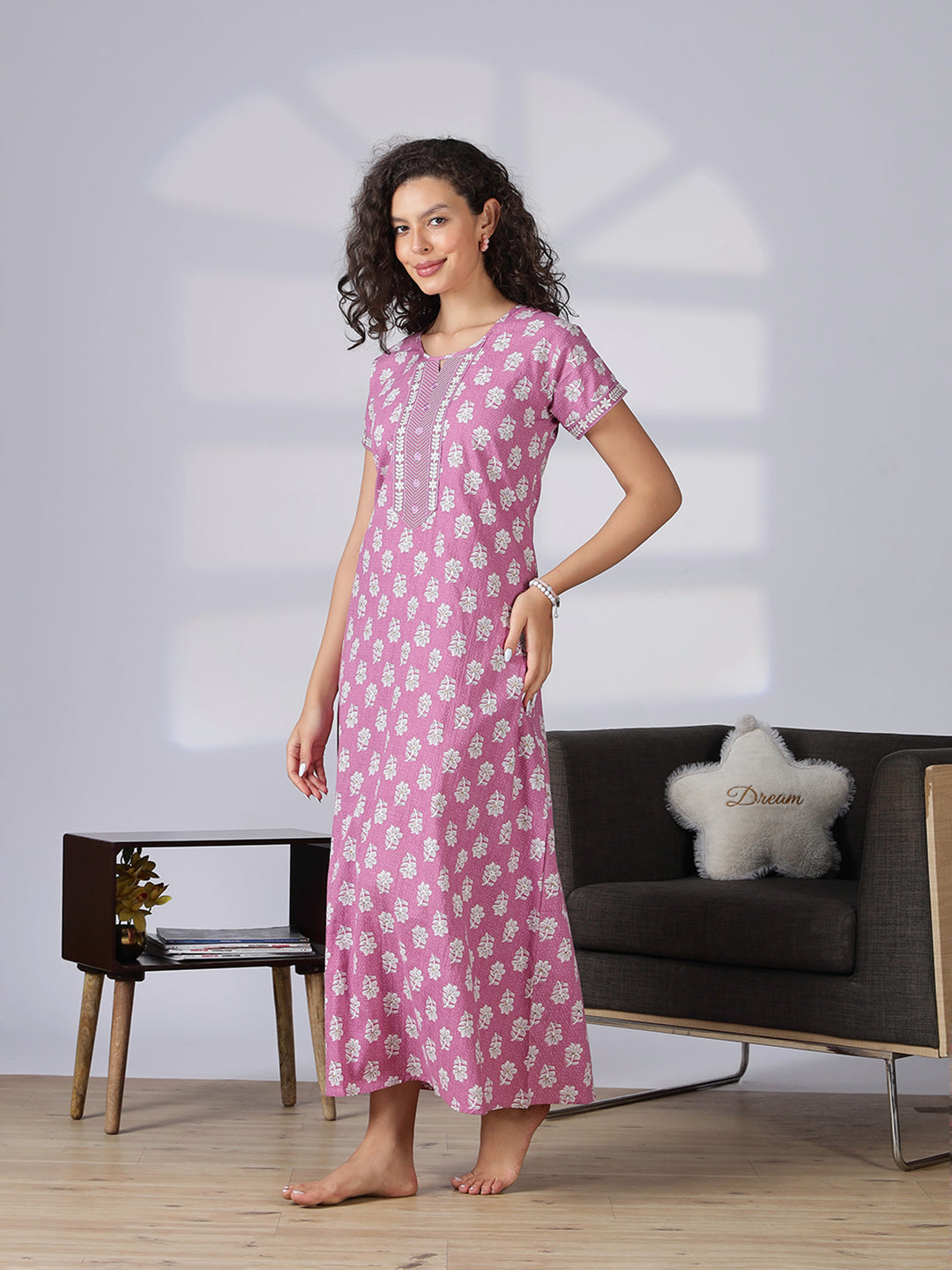 Rose pink trendy pure cotton nightwear for women