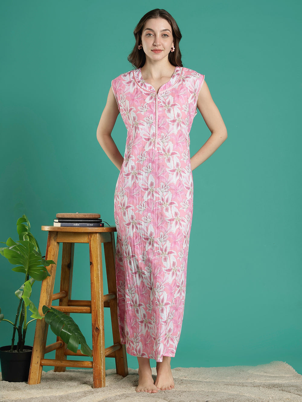 Rose pink floral sleeveless cotton nighty for women