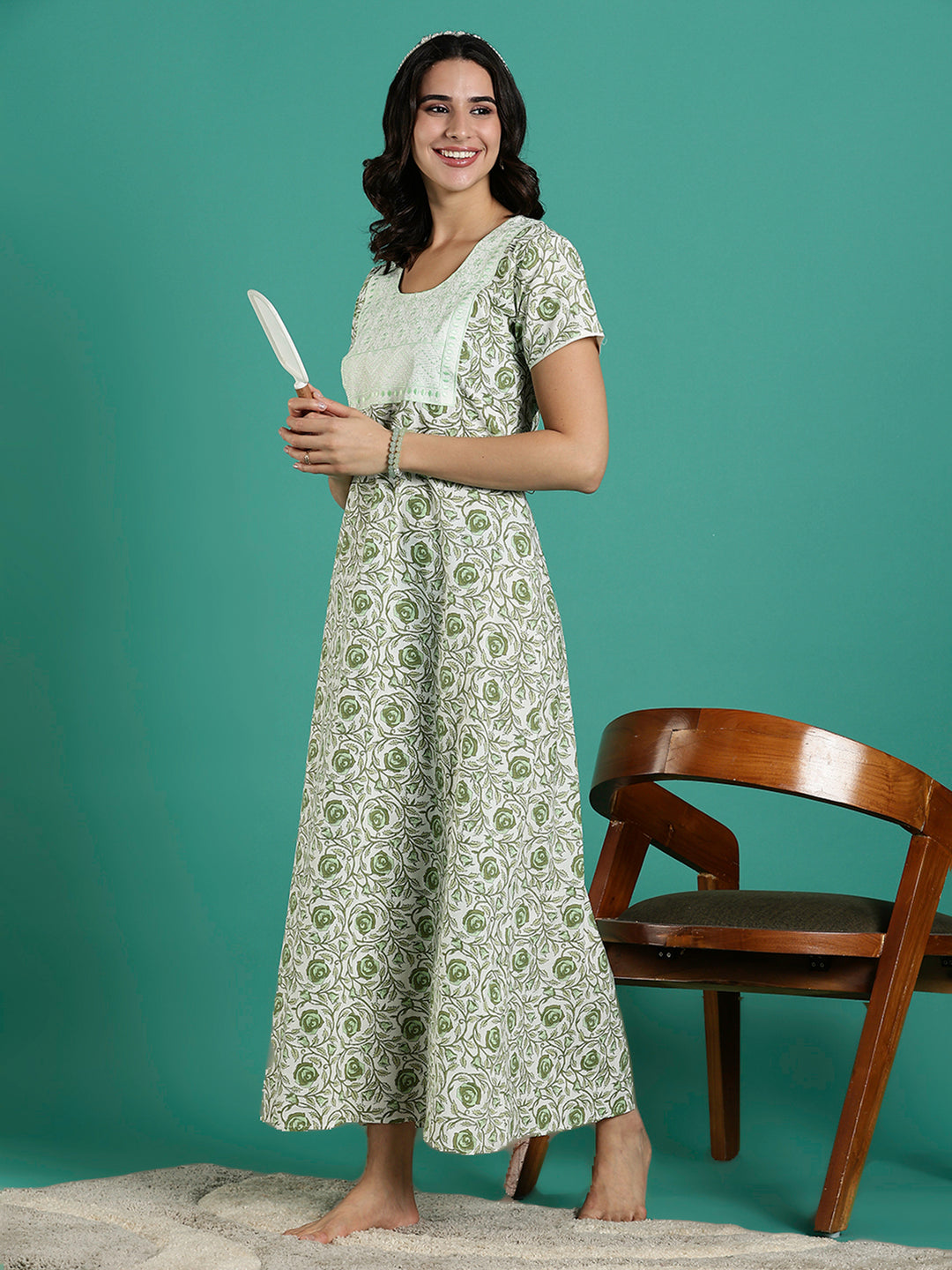 Elegant rose printed pure cotton night dress for women