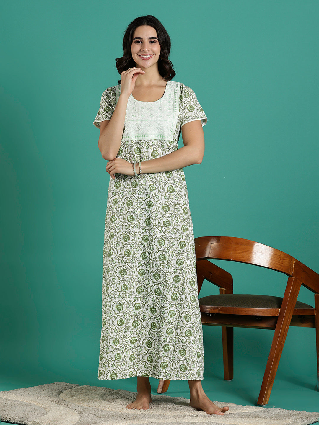 Elegant rose printed pure cotton night dress for women