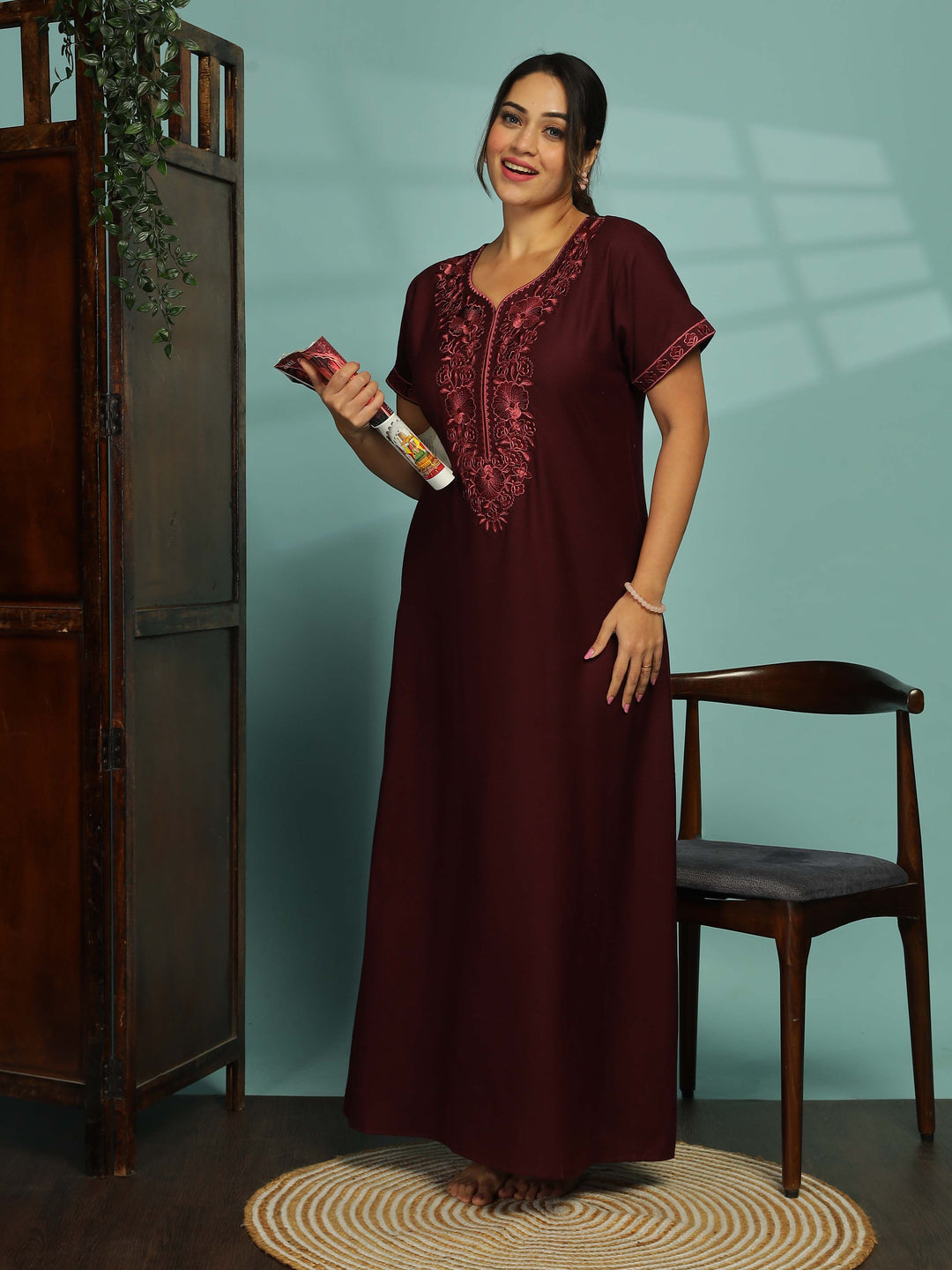 Rose wood floral nighty for women with soft fabric