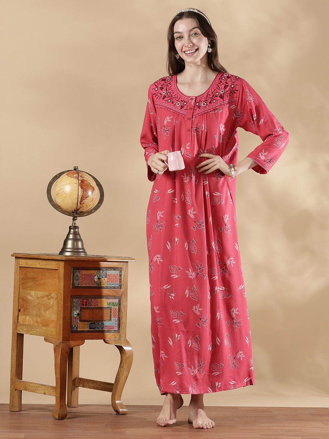 Alpine pleated rosewood pink floral nighty for women