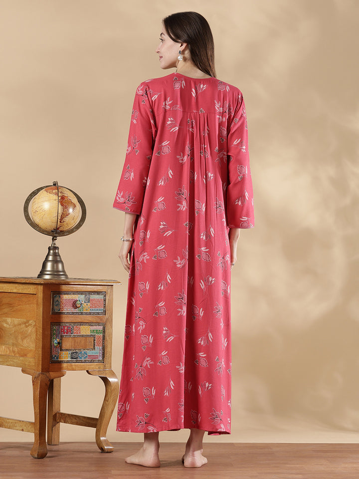 Alpine pleated rosewood pink floral nighty for women
