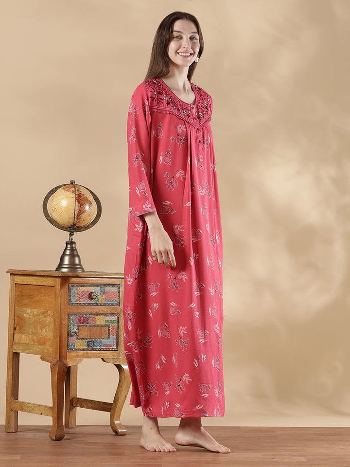 Alpine pleated rosewood pink floral nighty for women