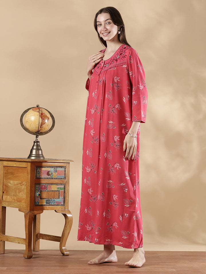 Alpine pleated rosewood pink floral nighty for women