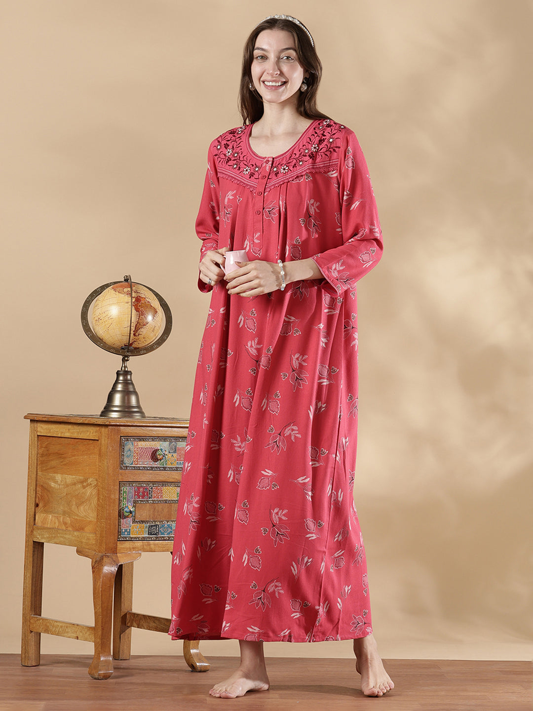 Alpine pleated rosewood pink floral nighty for women