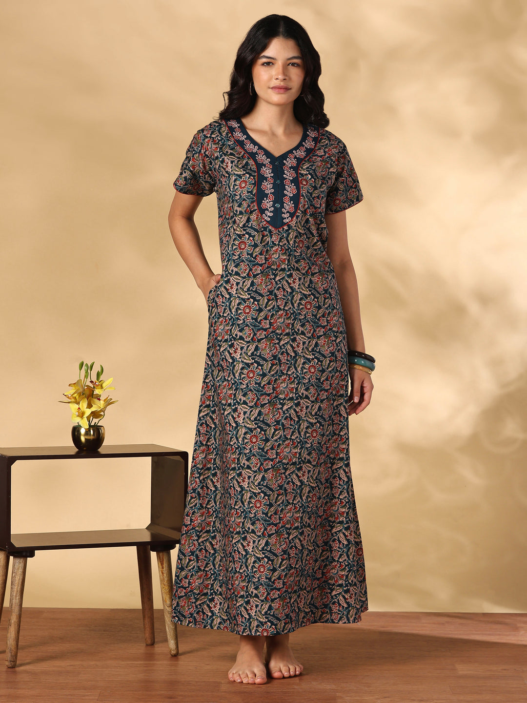 Royal teal floral cotton nighty dress for women online