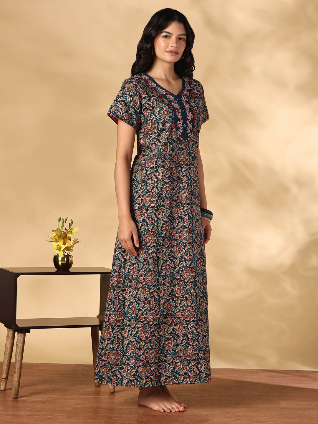 Royal teal floral cotton nighty dress for women online