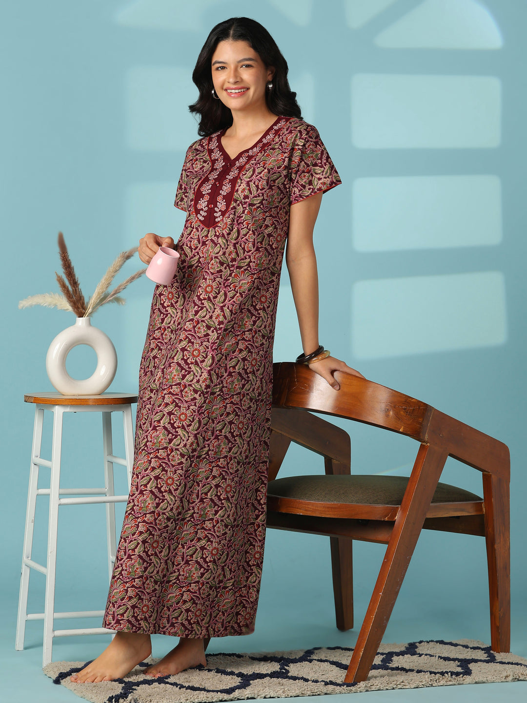 Royal wine embroidered cotton nighty for women online