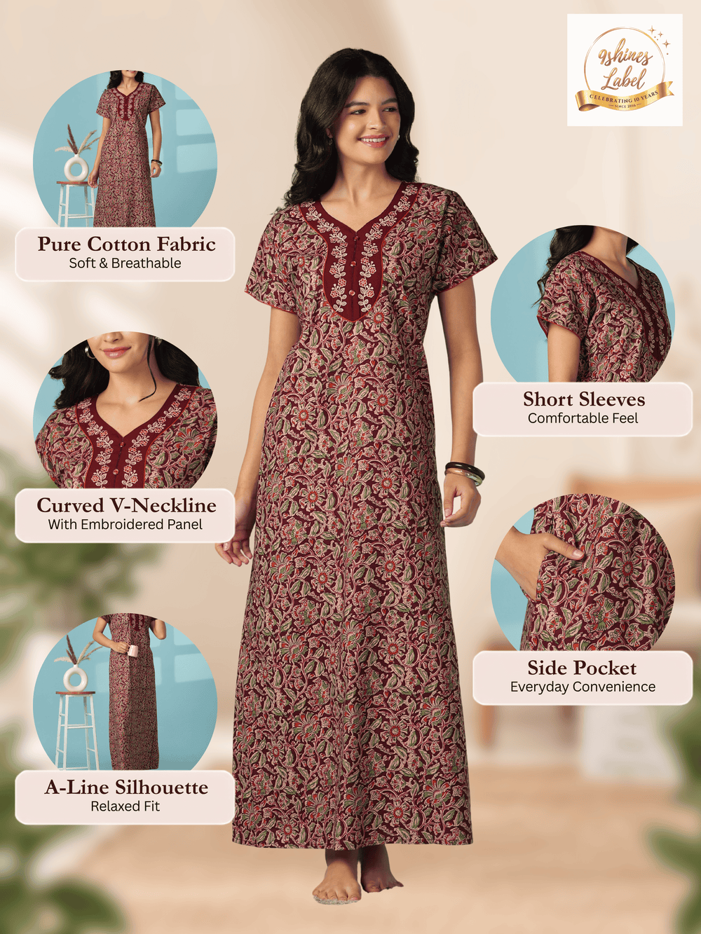 Royal wine embroidered cotton nighty for women online