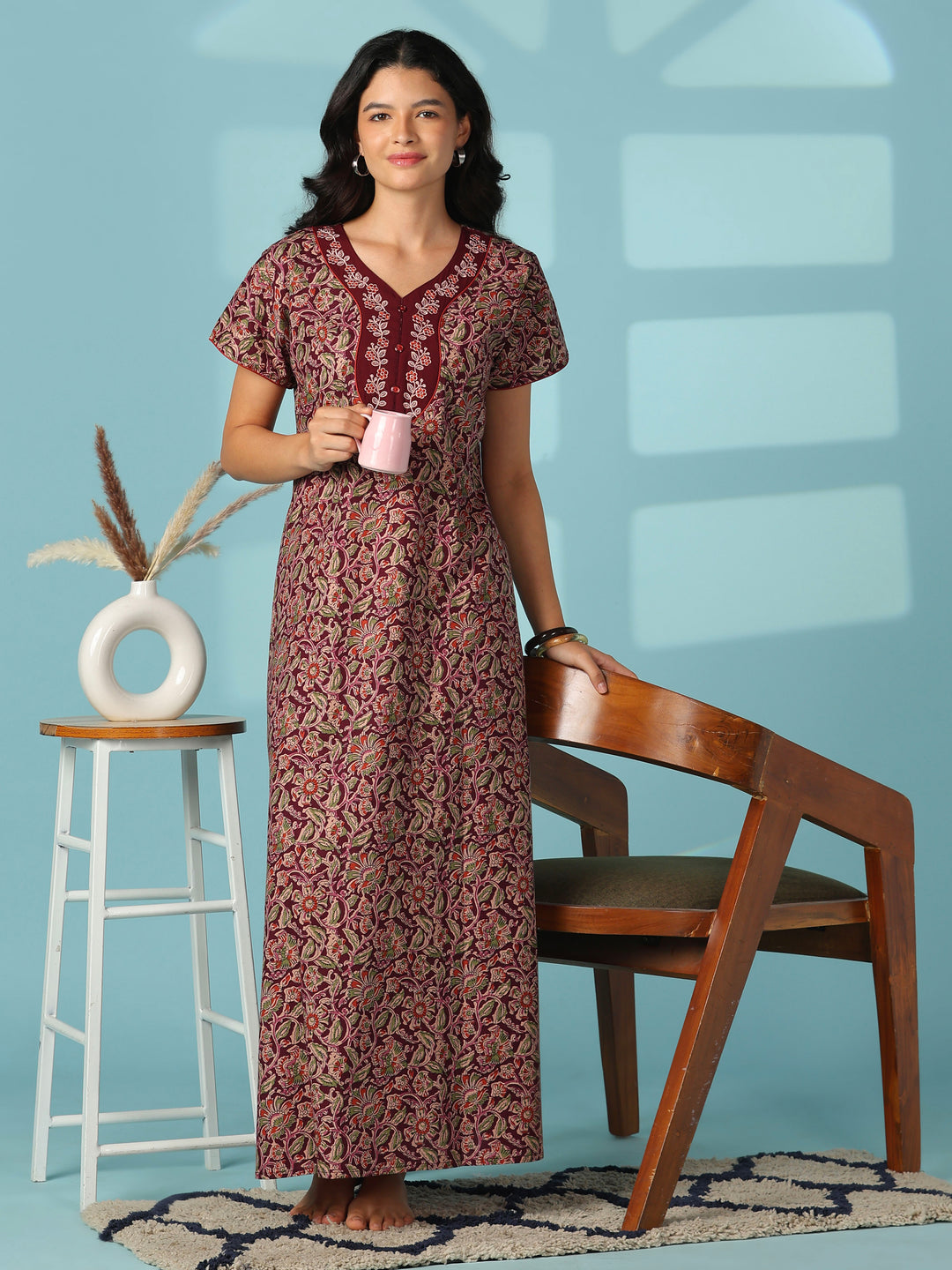 Royal wine embroidered cotton nighty for women online