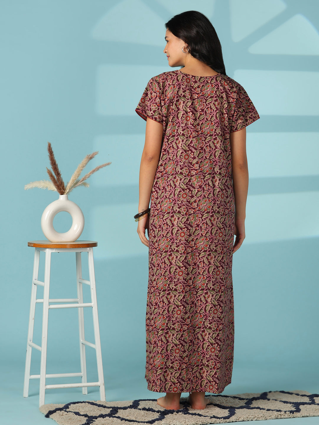 Royal wine embroidered cotton nighty for women online