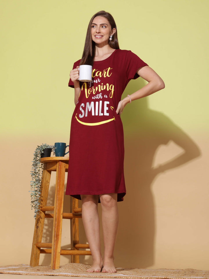 Ruby red cotton printed short nightdress for women