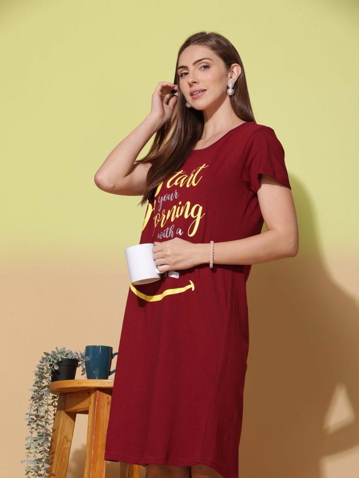 Ruby red cotton printed short nightdress for women