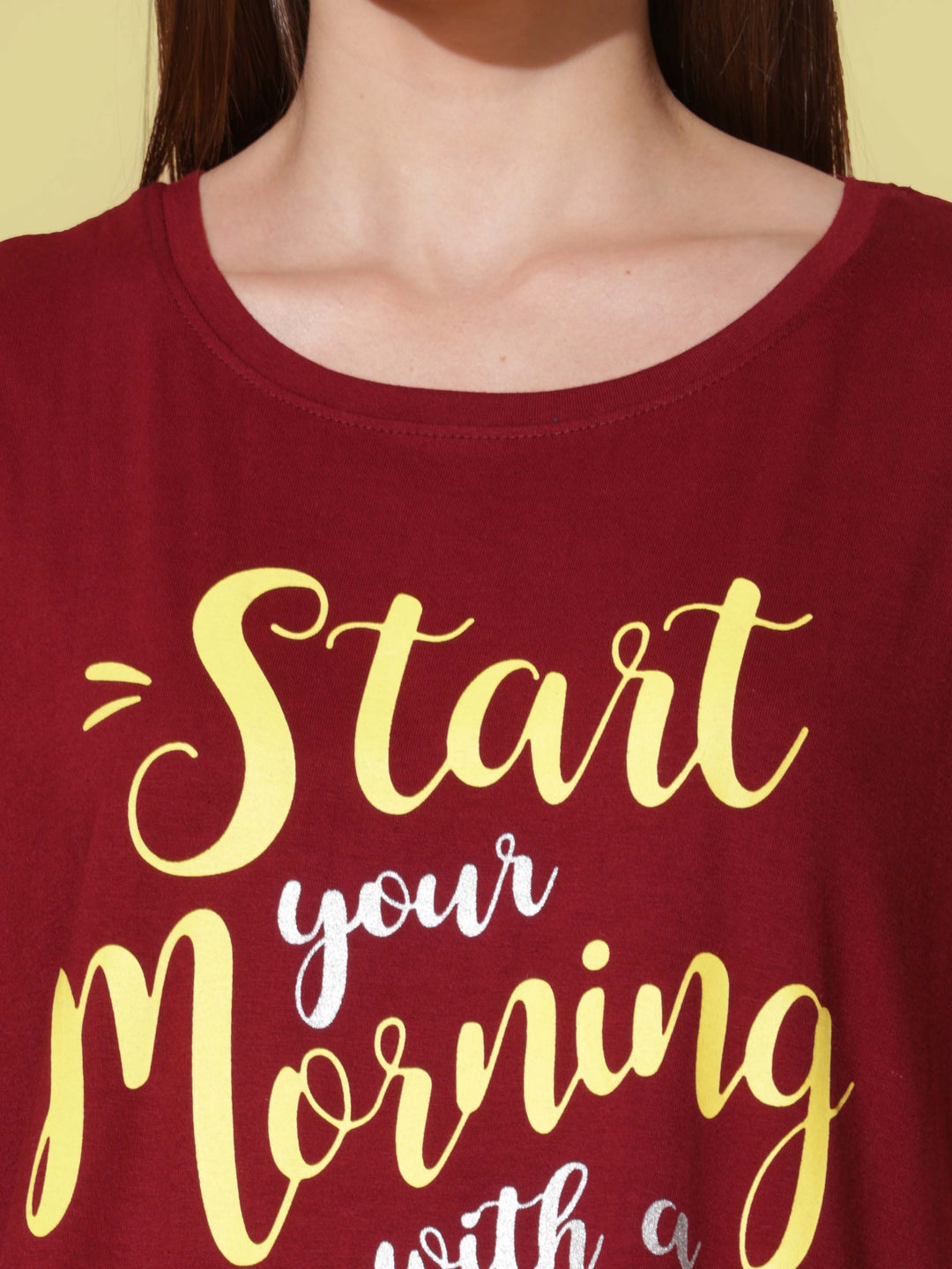 Ruby red cotton printed short nightdress for women