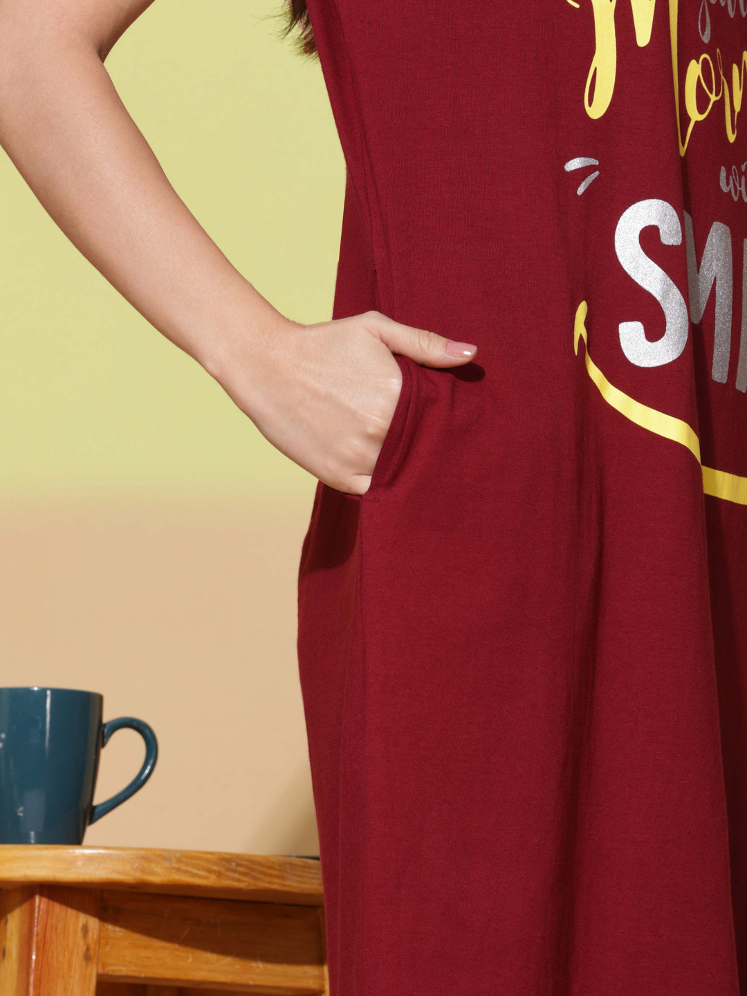 Ruby red cotton printed short nightdress for women