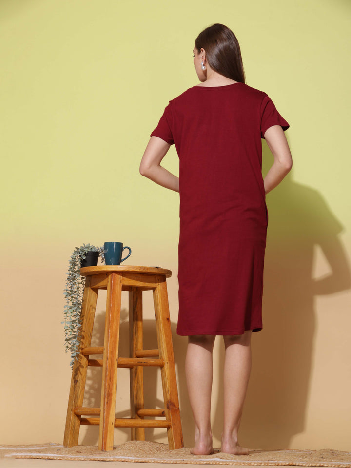 Ruby red cotton printed short nightdress for women