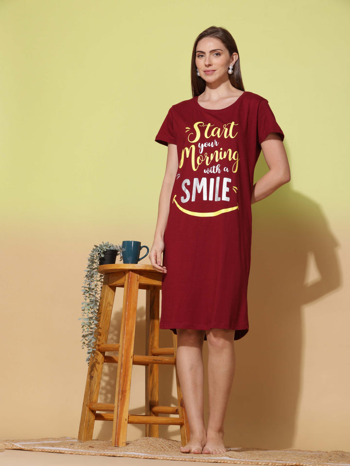 Ruby red cotton printed short nightdress for women