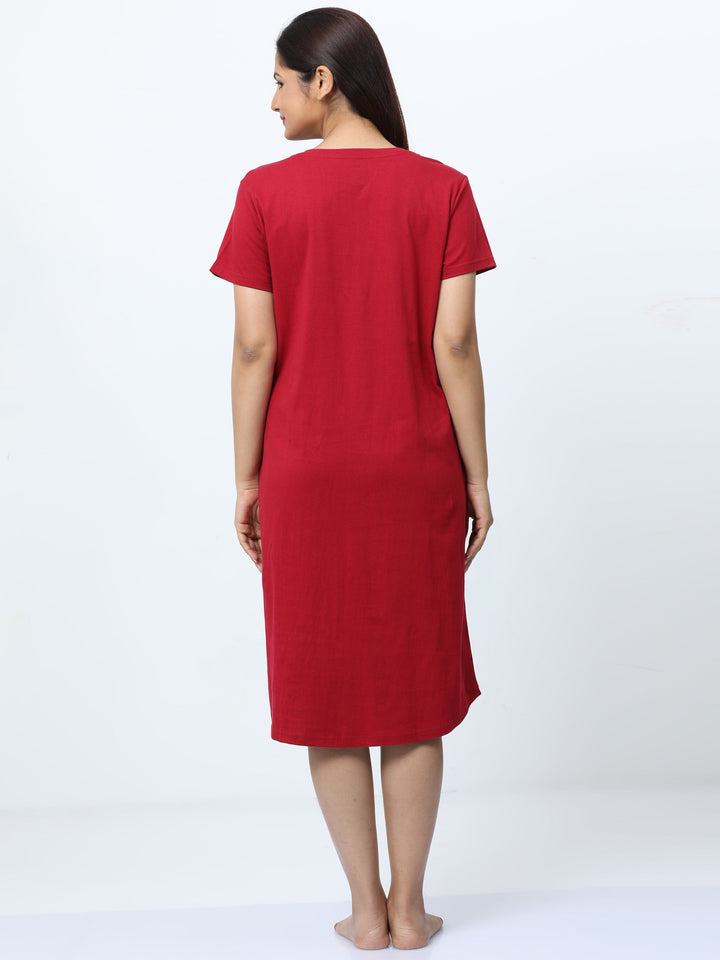 Ruby Red Cotton Printed Short Nightdress for Women