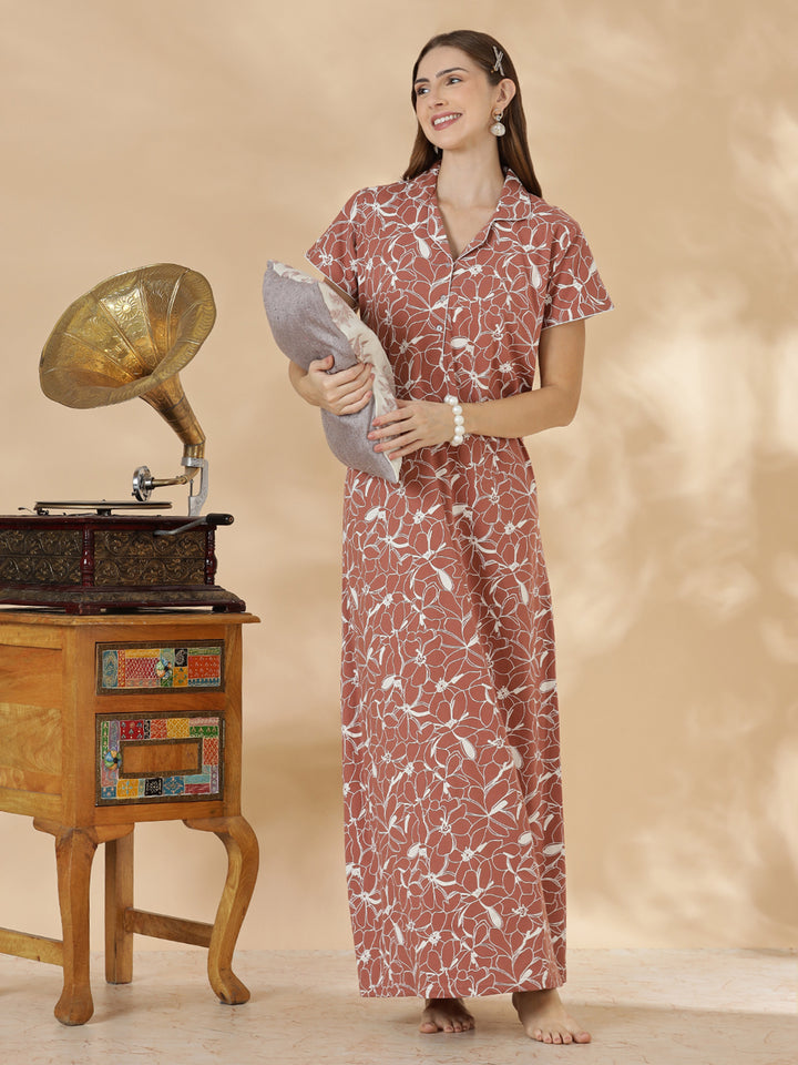 Rust brown premium hosiery cotton night dress for women