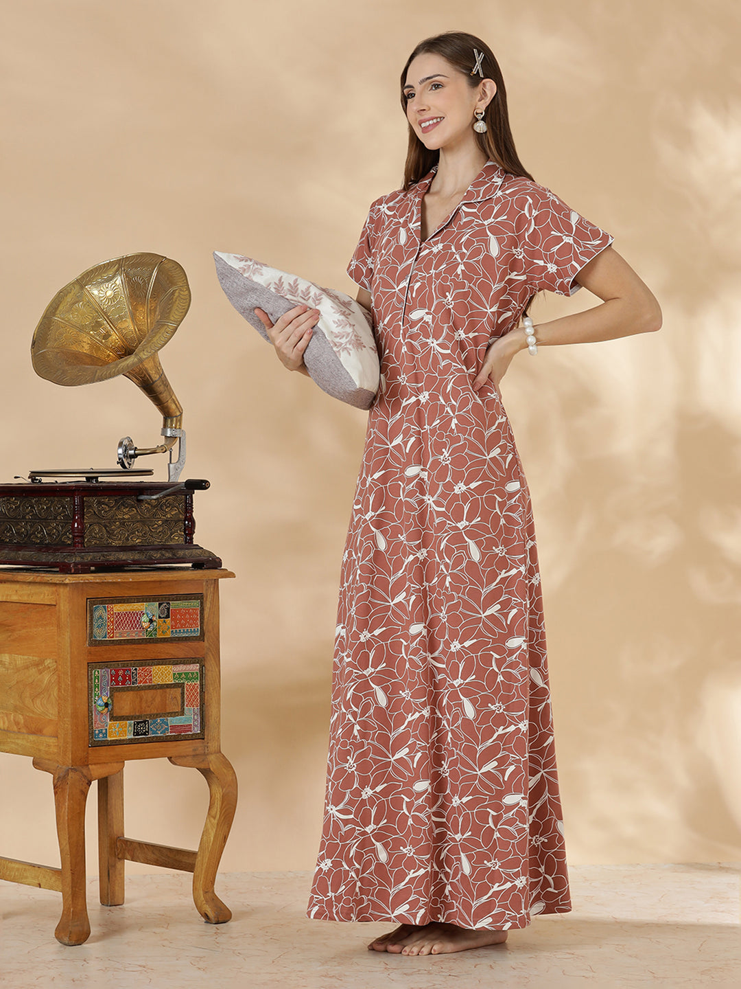 Rust brown premium hosiery cotton night dress for women