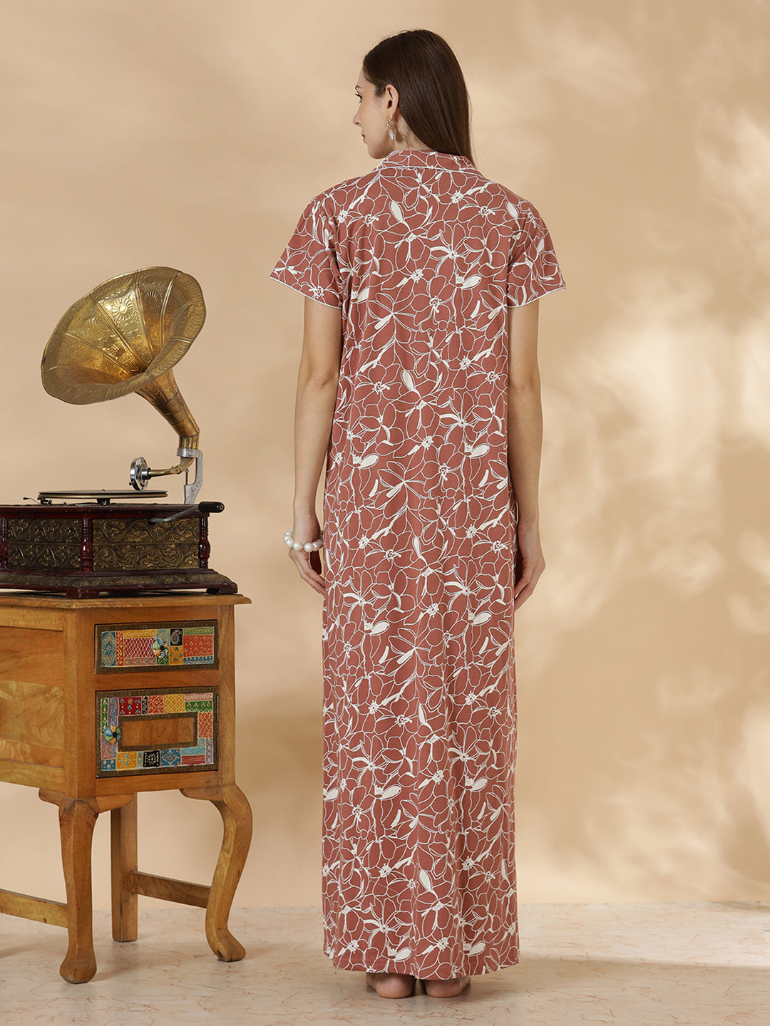 Rust brown premium hosiery cotton night dress for women