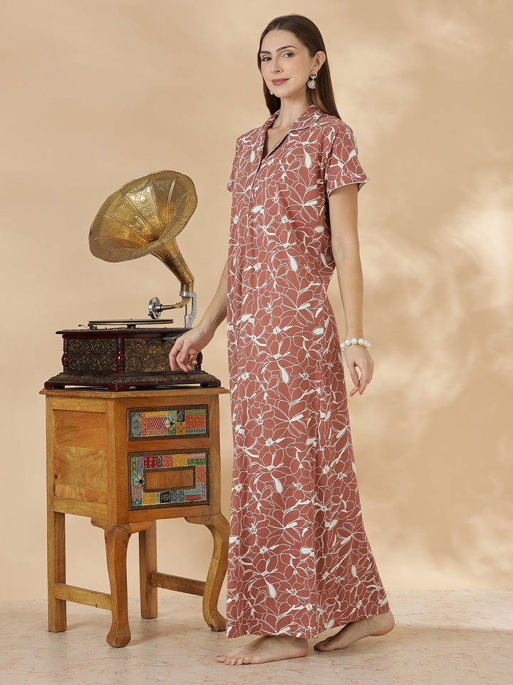 Rust brown premium hosiery cotton night dress for women