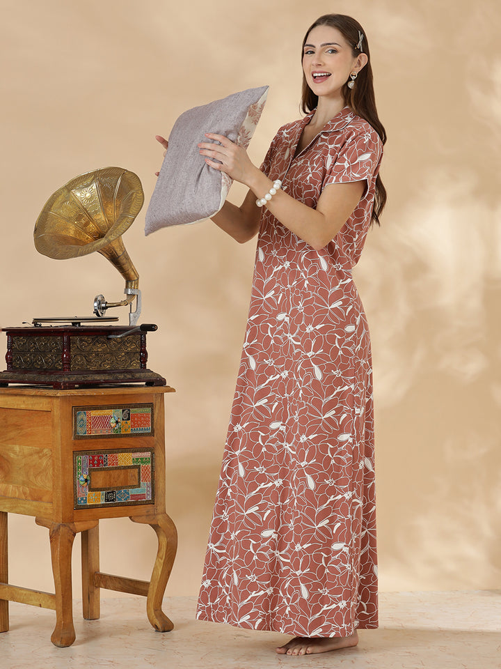 Rust brown premium hosiery cotton night dress for women