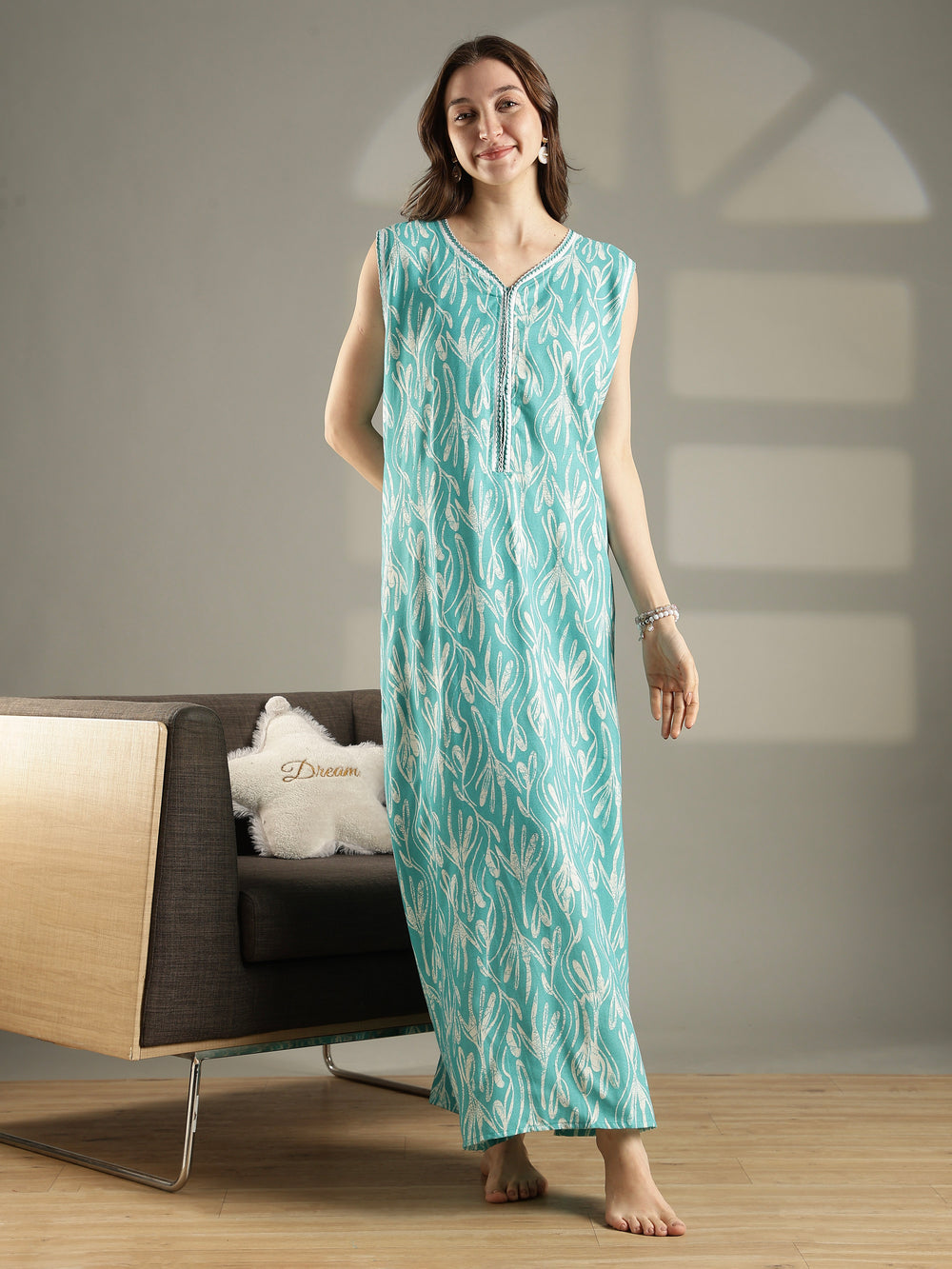 Sea blue floral alpine sleeveless summer nighty for women