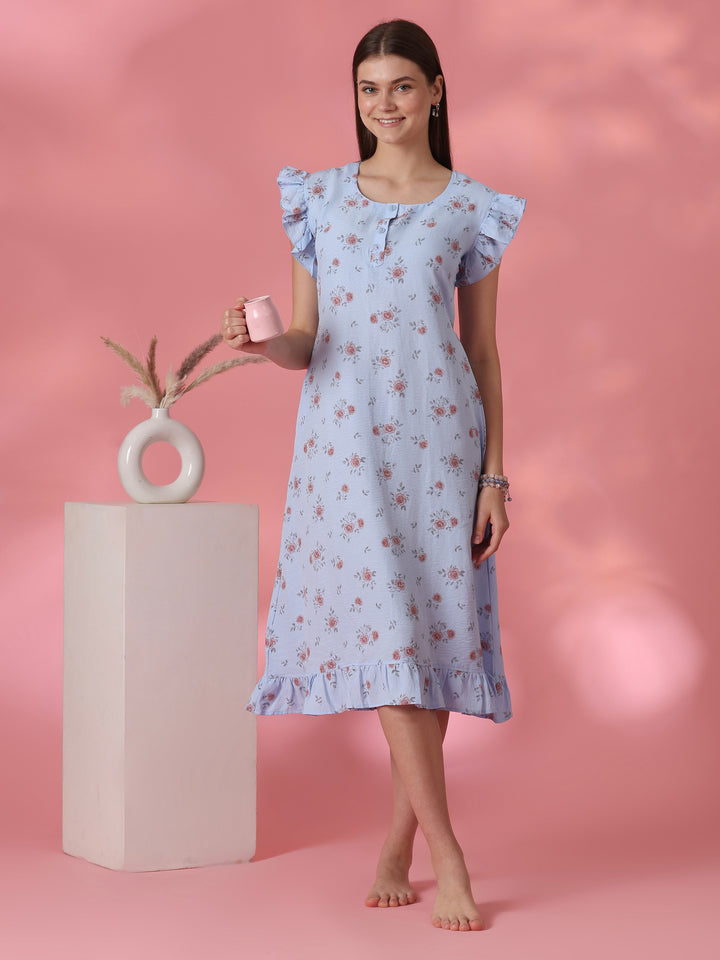 Rosy blue rose motif crush cotton short nighty for women