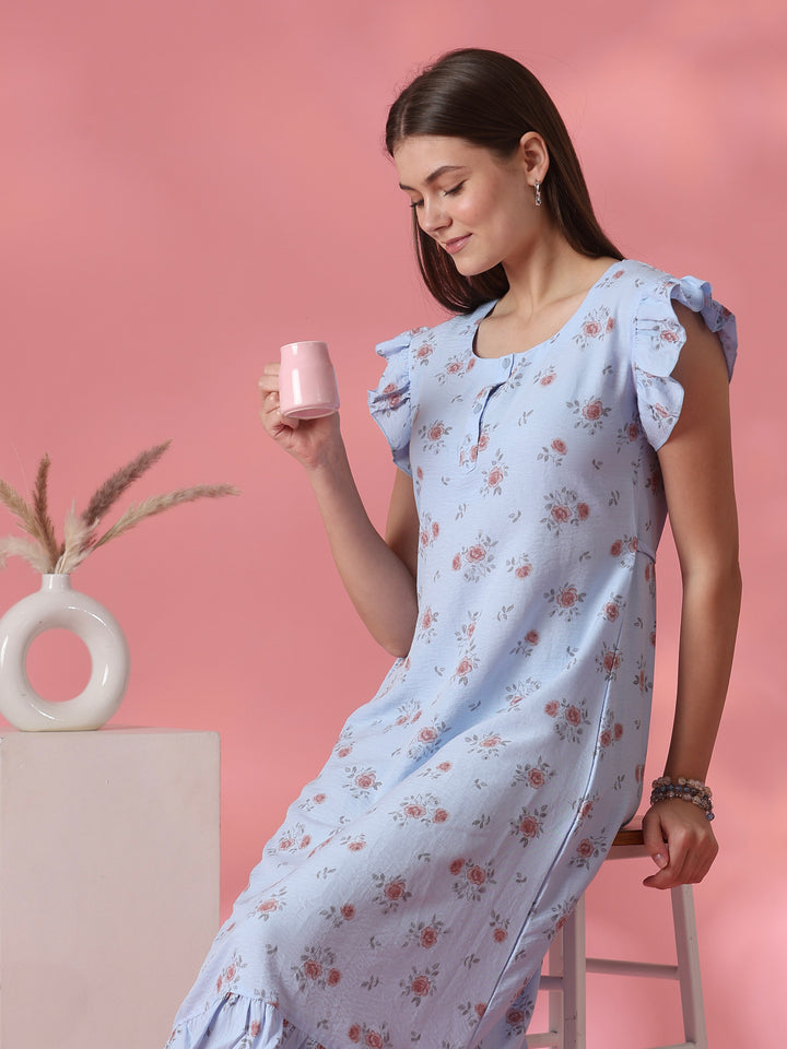 Rosy blue rose motif crush cotton short nighty for women