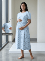 Bluebell Daisy Print Hosiery Cotton Maternity Nighty with Feeding Flap