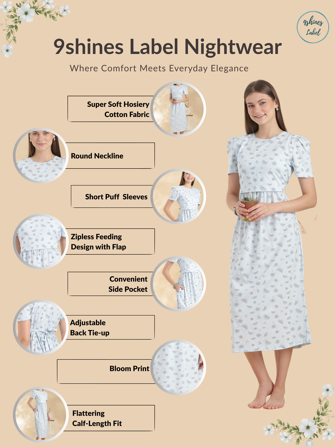Bluebell daisy maternity nighty dress for women